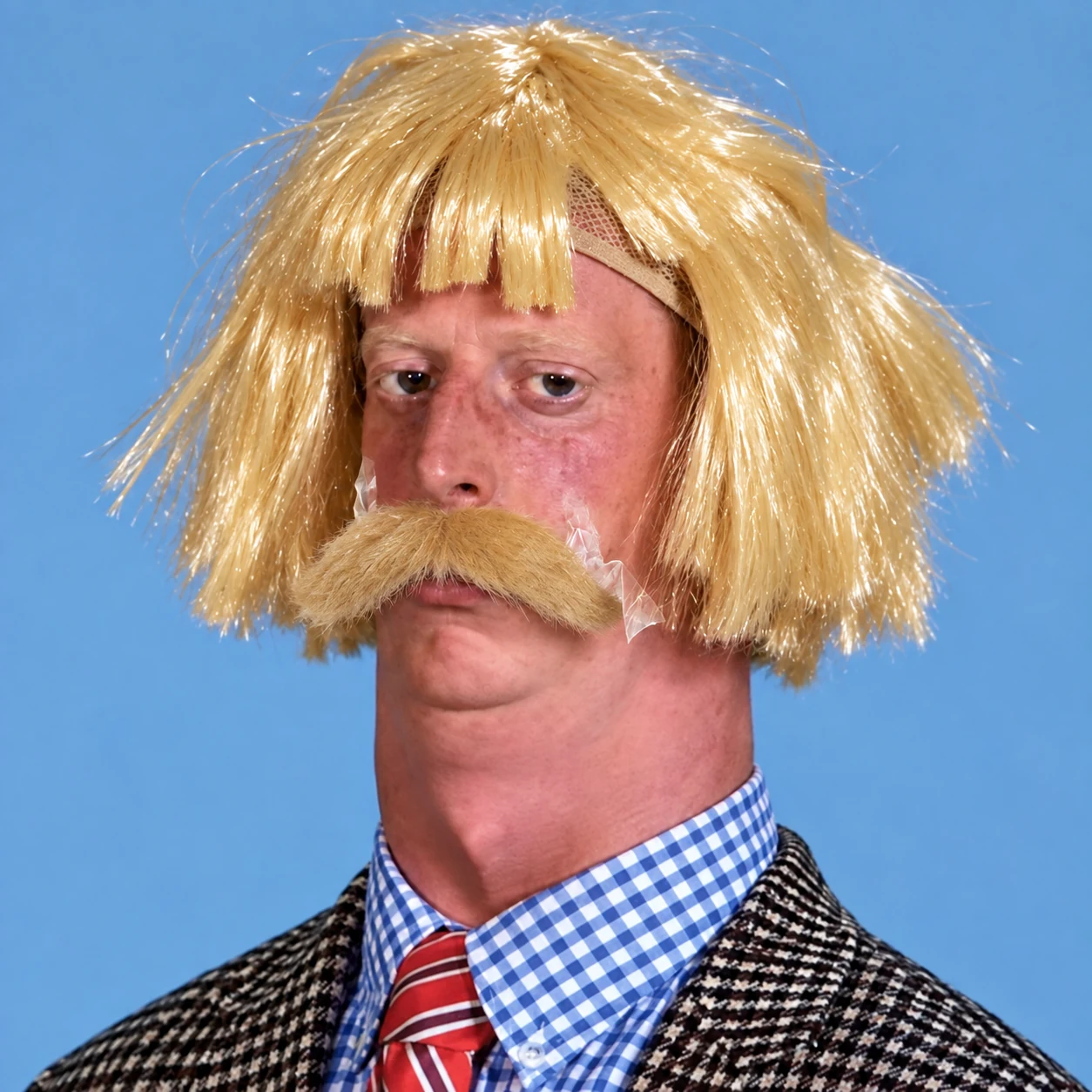 A fan in a shiny blond wig and a taped-on blond mustache, wearing a checked shirt, red tie, and patterned jacket